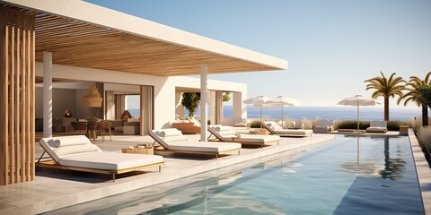 Fototapeta premium A chic coastal retreat, a modern swimming pool with minimalist loungers and stylish shade umbrellas
