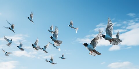 A flock of birds flying through a blue sky.