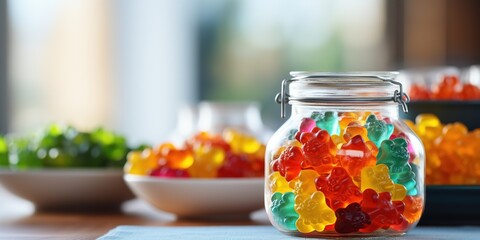 A glass jar filled with gummy bears next to a bowl of gummy bears.