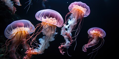 A group of jellyfish floating in the water together on a black background.