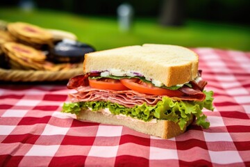 picnic sandwich with fresh lettuce on a checkered cloth
