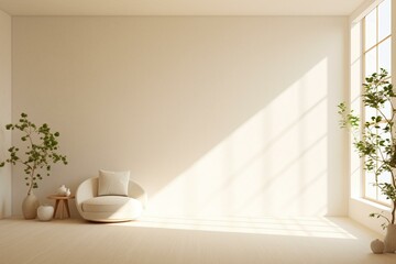 Simplistic off-white room with daylight and foliage. Generative AI