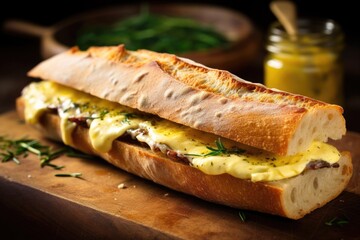 close-up of a baguette sandwich with a generous mustard spread