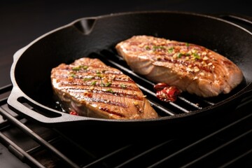 sizzling tuna steak on a cast iron pan