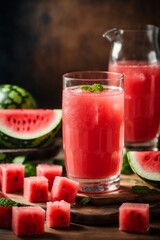 Watermelon smoothie in a glass with ice cubes and mint.