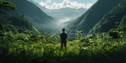 A person standing on top of a lush green hillside. - Powered by Adobe