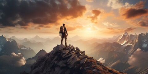 Fototapeta premium A person standing on top of a mountain at sunset.