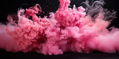 A pink and white substance is in the air on a black background.