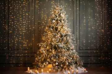 Obraz premium spruce christmas tree adorned with soft white fairy lights