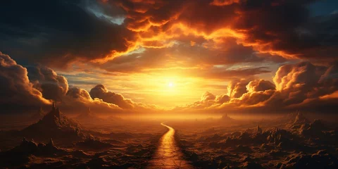 Foto op Canvas A road is shown in the sunset with clouds in the background. © Svitlana