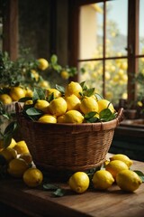 Basket with ripe lemons on wooden table near window in kitchen