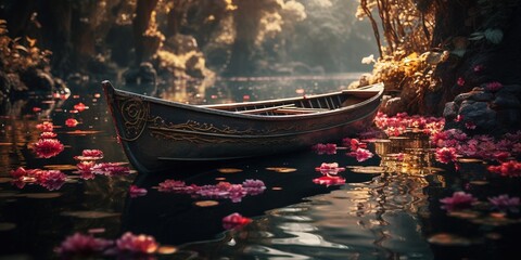 A small boat floating on top of a body of water next to a shore covered in leaves and flowers and floating on top of a body of water.