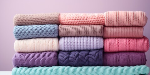 A stack of women's knitted light pastel things close - up on a light background. Banner, copy space.