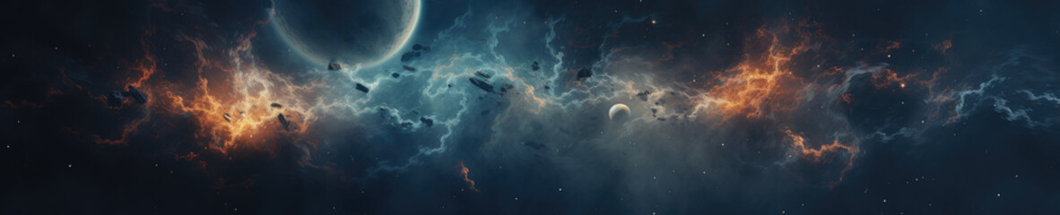 Ethereal clouds of a colorful nebula cascade through the cosmic expanse.