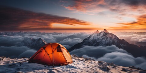 A tent is set up on a snowy mountain top at sunset