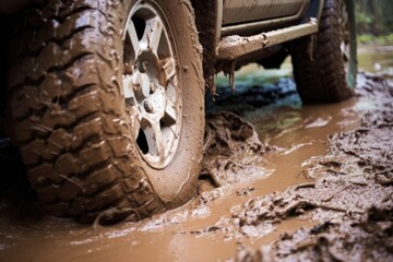 close-up shot of off-road tires covered in mud