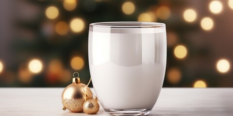 A white mock - up cup with chirstmas light background