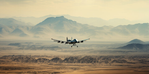 A military drone surveils a vast, barren desert.
