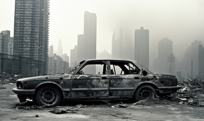 Abandoned, wrecked car in a city.