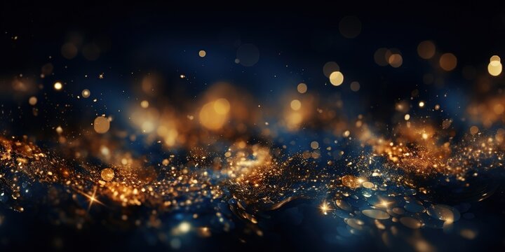 Abstract background with Dark blue and gold particle. Christmas Golden light shine particles bokeh on navy blue background. Gold foil texture. Holiday concept.