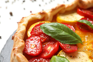Close-up of freshly baked, tender and crispy vegetable galette