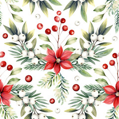 Seamless watercolor pattern of vibrant Christmas poinsettia flowers and festive botanical elements background. Perfect for holiday designs, fabric, and wrapping paper.