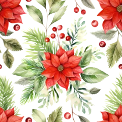 Foto auf Acrylglas Seamless watercolor pattern of vibrant Christmas poinsettia flowers and festive botanical elements background. Perfect for holiday designs, fabric, and wrapping paper. © Artem