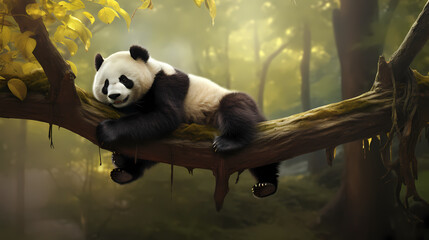 Panda Bear Resting on a Branch: Photo-Realistic Digital Enhancement with Natural Forest Background
