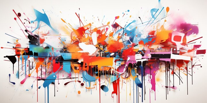Abstract graffiti poster with colorful tags, paint splatter, scribbles and fragments