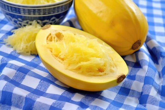 cut spaghetti squash on a white and blue checkered tablecloth