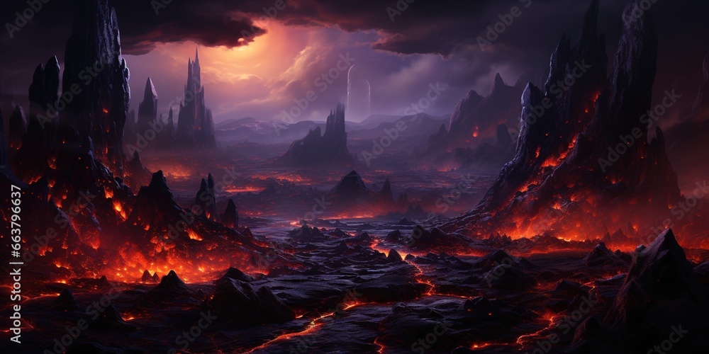 Poster alien planet with lava and magma.