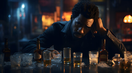 Drunk desperate depressed sad black man sitting in a bar drinking hard liquor