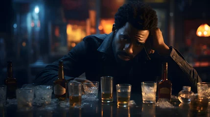 Fototapeten Drunk desperate depressed sad black man sitting in a bar drinking hard liquor © fraudiana