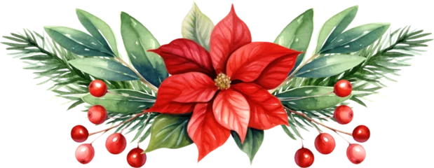 Foto op Canvas Christmas watercolor illustration red poinsettia flower with lush greenery, leaves, and bright red berries. Frame Border festive botanical composition © Artem