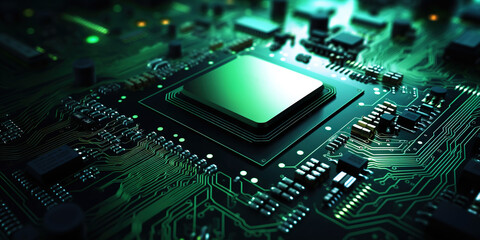 Fototapeta premium Heart of the Machine: Microprocessor in Green Glow. Motherboad electronics. Generative AI
