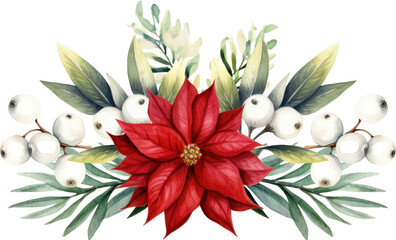 Christmas watercolor illustration red poinsettia white berry lush greenery, leaves. Festive botanical composition captures the essence of the holiday season