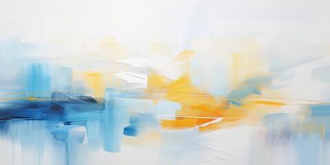 An abstract painting with pastel colors on a white background with a blue and yellow stripe in the center of the image and a light blue and gold stripe in the middle of the bottom.