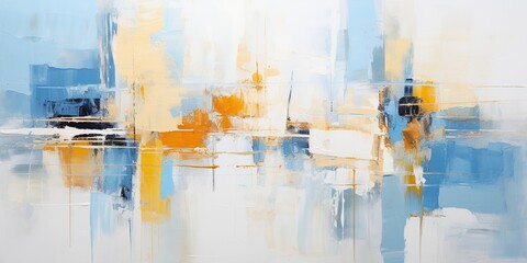 An abstract painting with pastel colors on a white background with a blue and yellow stripe in the center of the image and a light blue and gold stripe in the middle of the bottom.