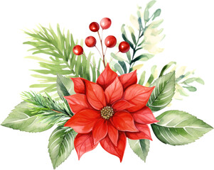Elegant watercolor illustration of a festive Christmas bouquet with vibrant red poinsettia, greenery, berries, and seasonal botanical elements.