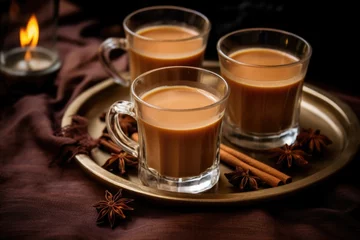 Fototapeten three teacups filled with rich, hot chai © altitudevisual