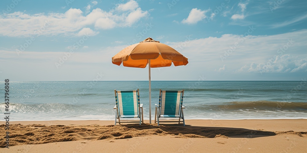 Wall mural An umbrella and two chairs on a beach near the ocean.