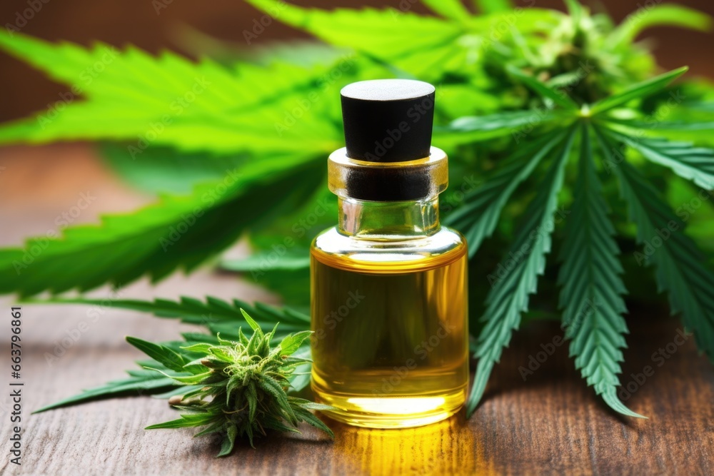 Wall mural bottle of cbd oil near hemp leaves