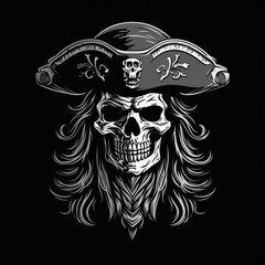 Naklejka premium logo emblem tattoo with the skull of dead pirate in a hat on a black isolated background