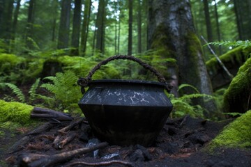 large cauldron in the middle of the forest