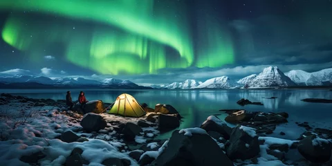Foto op Aluminium Aurora borealis at night with man camping over the snow © Svitlana