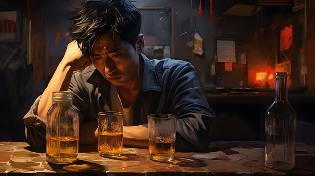 Drunk desperate depressed sad asian man sitting in a bar drinking hard liquor