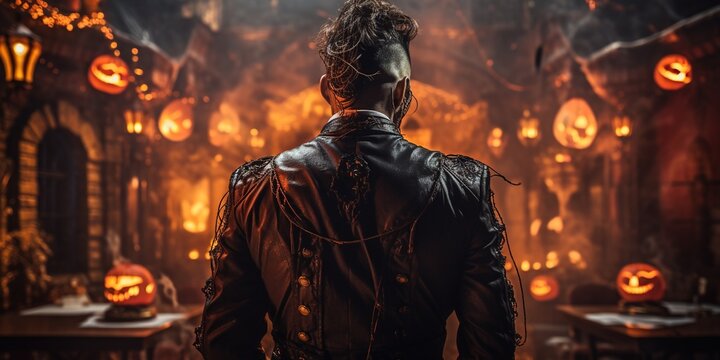 Back view of man in outfit during Halloween party