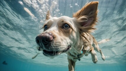 a dog swimming in the water with its head above the water's surface