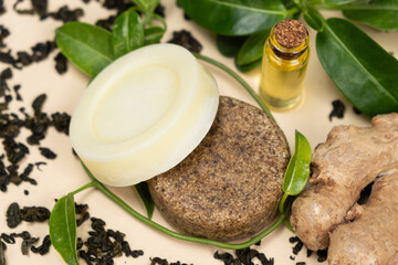 Solid shampoos made from ginger, green tea and oils. Natural cosmetics for hair care.