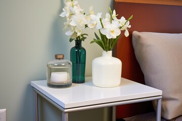 white orchids on hospice room side table